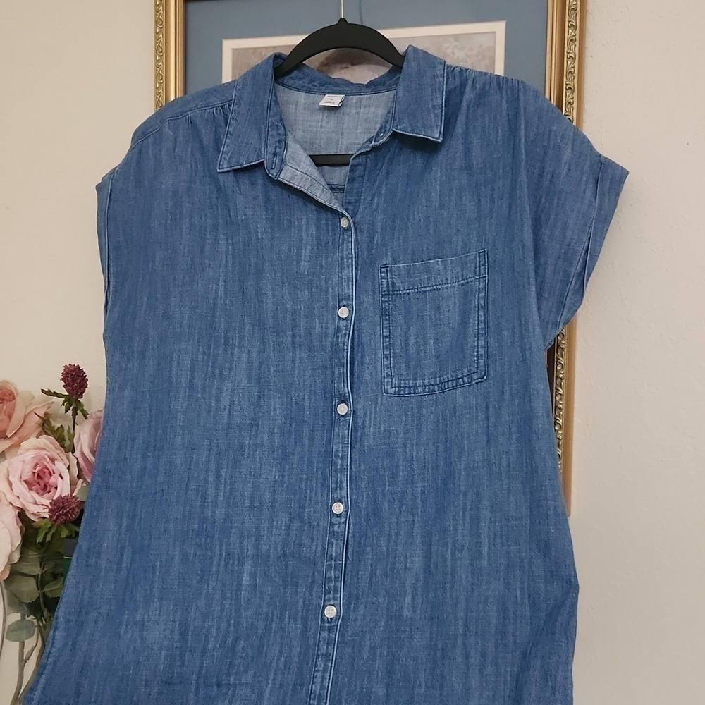 100%Cotton Chambray Cap-Sleeve Shirt Dress Size Medium  Casual Lounge  Coastal - Picture 3 of 11